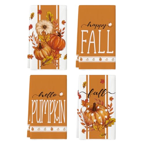Pumpkin Fall Kitchen Towels Set of 4 - 18x26 Inch Orange Stripes