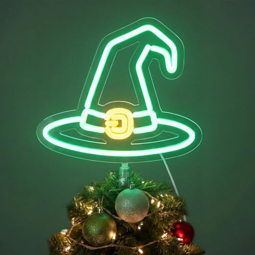 Halloween Tree Topper LED Witch Hat Lighted Decoration - 10 Inch, Green, with Base & Ties - Variation of Witch Hat