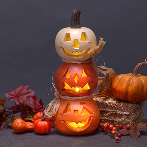 Stacked Jack-O-Lantern LED Resin Figurine - Halloween Decor, 12 Inches