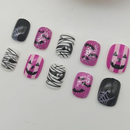 Halloween Press On Nails Short Square Glossy Fake Nails Set - Purple Black White Variation