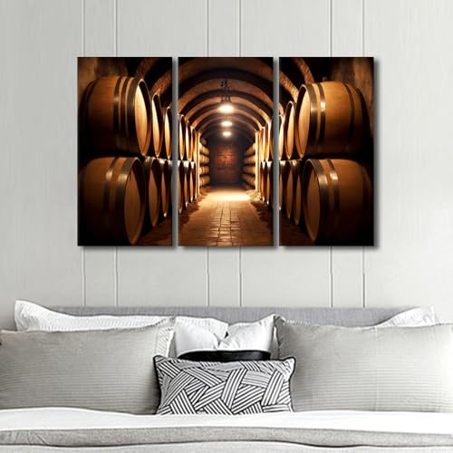 3 Panels Framed Canvas Wall Art Beer Barrel Stacked in Vault - 42x28 in Variation of THIS listing