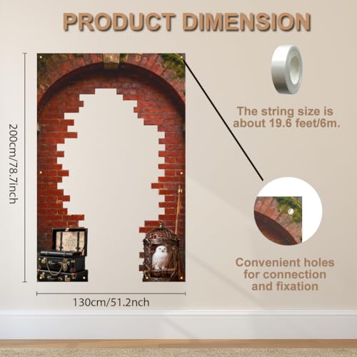 Magical Wizard Door Porch Banner - Red Brick Wall Backdrop Decoration 4.2x6.5 Ft