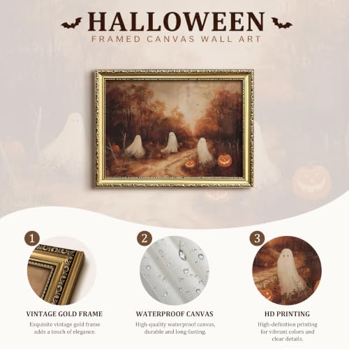Autumn Ghost Framed Wall Art - 16x12in Halloween Pumpkin Canvas Print, Fall Farmhouse Decor