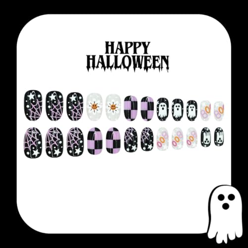Halloween Press On Nails Short Oval Ghost & Spider Web Style-12