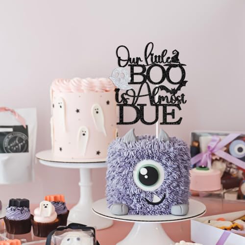 Halloween Baby Shower Cake Topper - Our Little Boo Spooky Decor, Black Glitter