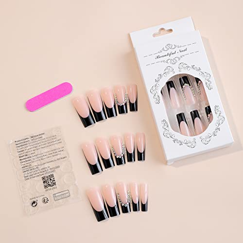 Black French Tip Square False Nails - Style 2, Reusable 24 Pcs with Rhinestones
