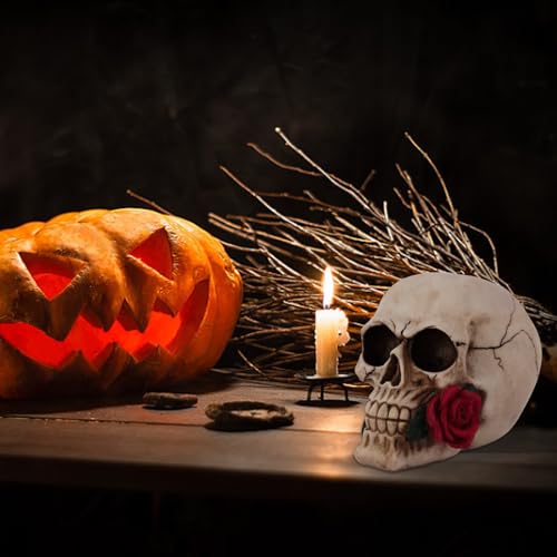 Halloween Skeleton Skull Decor with Rose Flowers, 8.1 Inch Gothic Statue