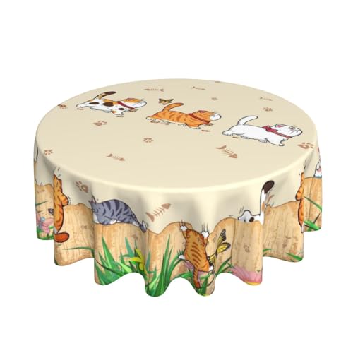 Cat Round Tablecloth 70 Inch Waterproof Rustic Fishbone Paw Floral Farmhouse Decor