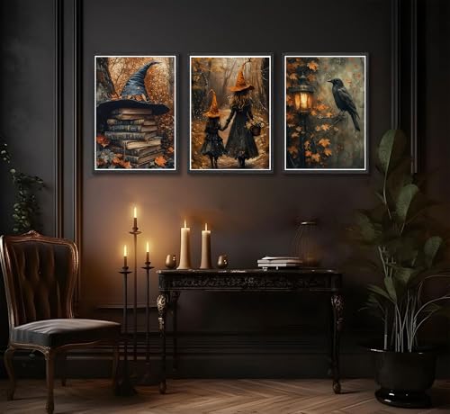Halloween Canvas Wall Art Set - 3 Pieces 24x16 Inches Gothic Witch Books Crow Autumn Decor