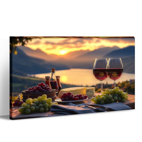 Wine Canvas Wall Art - Lakeside Sunset & Fruit Goblet Painting - 12x18 Inch Art-3