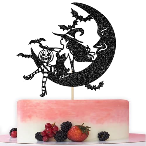 Witch Cake Topper for Halloween Party & Birthday Decor - Black Glitter