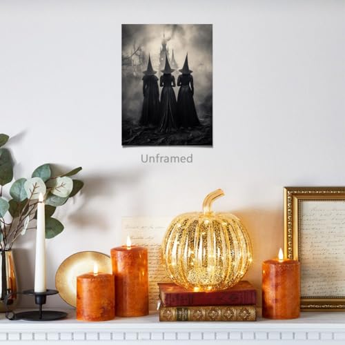 Unframed Halloween Wall Art - Gothic Three Witches Canvas Print - 12x16 Inches