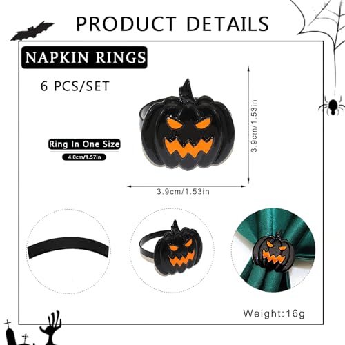 Halloween Napkin Ring Set Pumpkin Design Spooky Metal Alloy Party Table Decor - 6 Pcs
