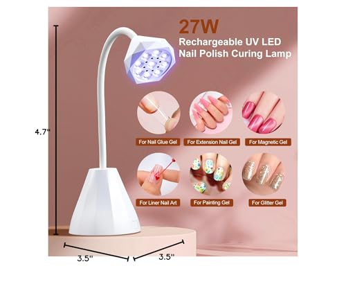 LED UV Nail Lamp Rechargeable 27W Mini UV Light for Gel X Nails Extension,Cordless Portable Nail Dryer 360°Rotatable Gooseneck Polish Curing Lamp with 2 Timer,Hands Free Flash Cure Light for Nail Art