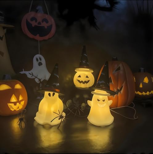 Light Up Ghost Pumpkin Figurine Set - Halloween Decor with Witch Hats - Classic Variation