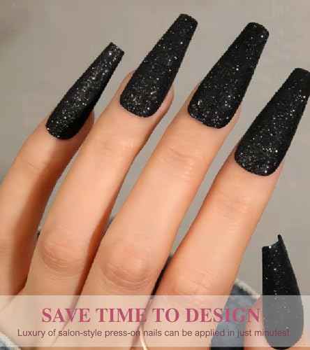 Long Black Glitter Coffin Press-On Nails Set - 12 Sizes with Glue & Stickers - Variation 08-Long Black Glitter