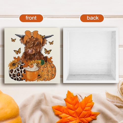 Fall Highland Cow Pumpkin Coffee Decor Wooden Box - Autumn Home Accent