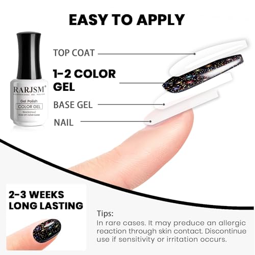 Gel Nail Polish Black Glitter Chunky Iridescent Rainbow Sparkle - RAR736 15ml