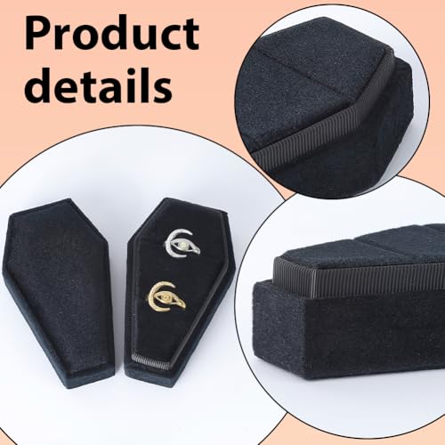 Gothic Coffin Ring Box with Velvet Interior and Silver Polishing Cloth - Black Jewelry Organizer for Weddings Halloween