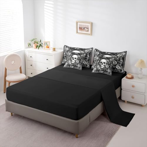 Queen Gothic Comforter Set with Sheets - White & Black Skeleton Halloween Bedding