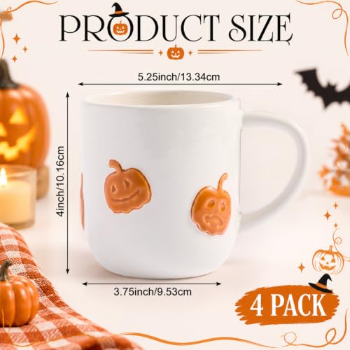 Halloween Pumpkin Mug Set of 4 - 16oz Ceramic Coffee Cups, Festive Jack-o'-Lantern Design