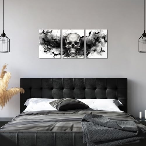 Black and White Skull Wall Art Set - Gothic Halloween Home Decor 12x16 Inch 3 Pieces