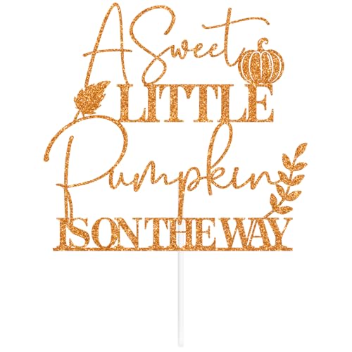Fall Baby Shower Cake Topper - Orange Glitter Pumpkin & Leaves Decor