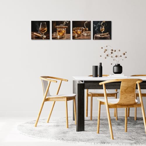 Whiskey & Cigar Wall Art Canvas Set - Framed Modern Bar Decor - Variation of Whiskey Cigar