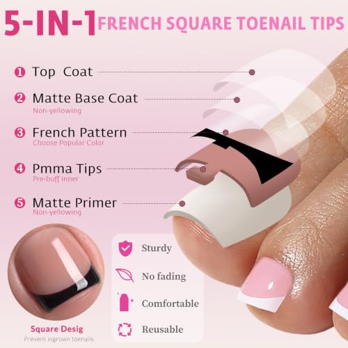 Press On Toe Nail Tips Square Black French in Nude Base - 150Pcs