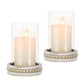 Hurricane Glass Candle Holders Set of 2 - Rustic Beaded Pillar Candle Holders for Dining & Living Room Decor - Farmhouse Style