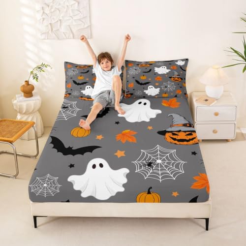 Halloween Bats & Spider Web Fitted Sheet Set Queen Size - Kids & Adults