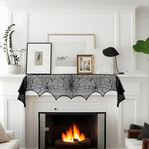 Halloween Spider Web Mantle Scarf - 96x18 Inch Fireplace Decor for Halloween