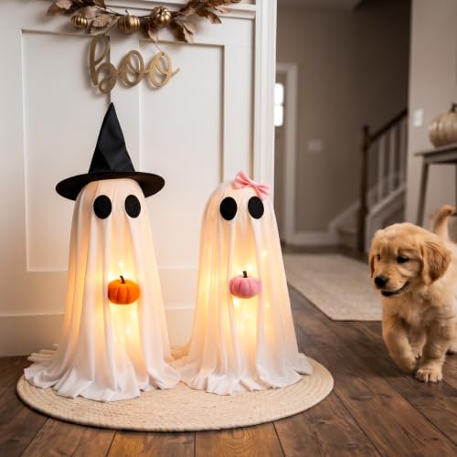 Halloween Ghost Decor Set - Lighted Indoor & Outdoor Spooky Couple Ghosts with Pumpkins
