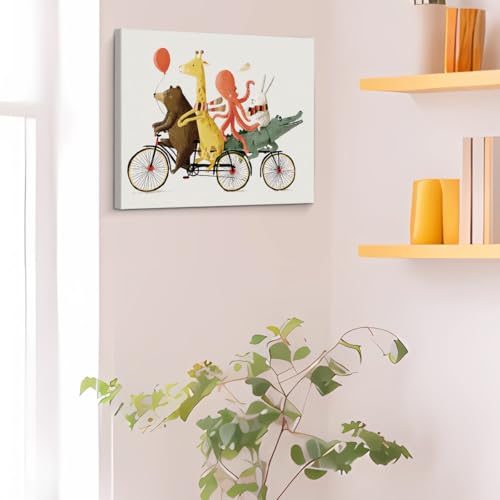 Animal Bicycle Canvas Wall Art - Whimsical Cartoon Wall Decor, Party-01