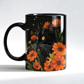 Mystical Black Cat Mug with Orange Daisy Flowers - 11oz Ceramic Coffee Cup - Variation 08