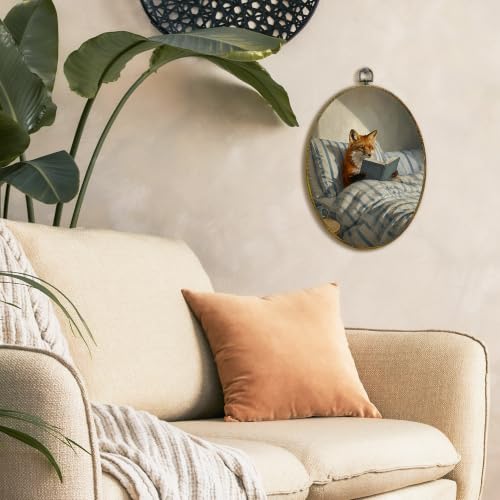 Reading Fox Canvas Wall Art - Oval Framed Decorative Print, 11x8.5 Inch