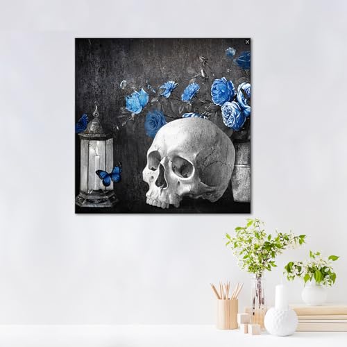 Skull Wall Art Canvas - Skeleton with Blue Rose Rustic Home Decor
