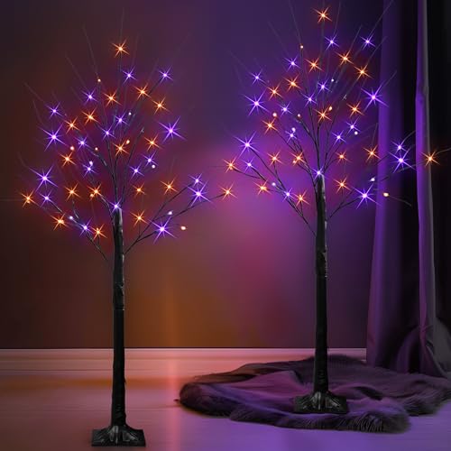 LED Halloween Birch Tree Lights 4FT 96 LEDs Purple & Orange Waterproof Indoor Outdoor Decor