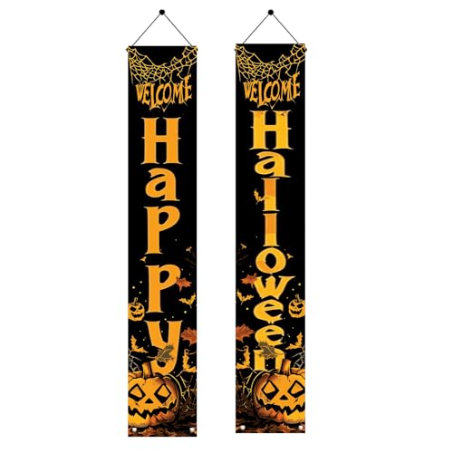 Halloween Porch Banner Set - Pumpkins and Bats Welcome Yard Decor, 2 Pack