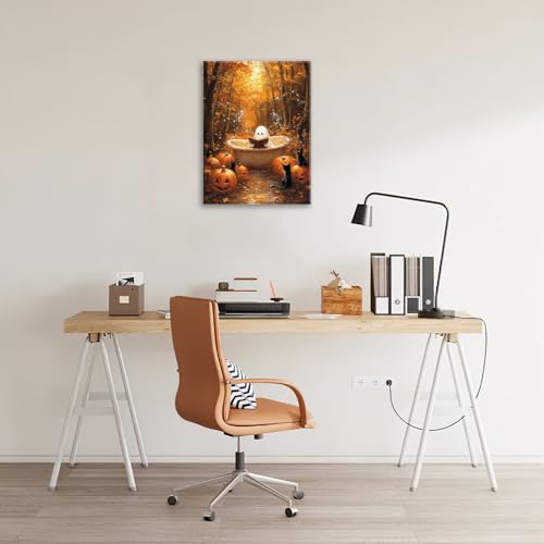 Halloween Wall Art - Fall Pumpkin Ghost Canvas Decor for Home & Office 16x12
