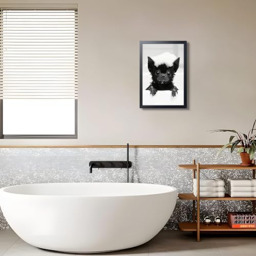 Framed Funny Bat Bathroom Wall Art - Black & White Animal Canvas Print - 24x16 Inches - Gothic Farmhouse Decor