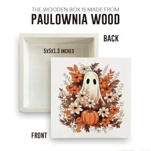 Ghost Halloween Wooden Sign - Spooky Floral Ghost Wooden Box Decor - Variation of Ghost Flower