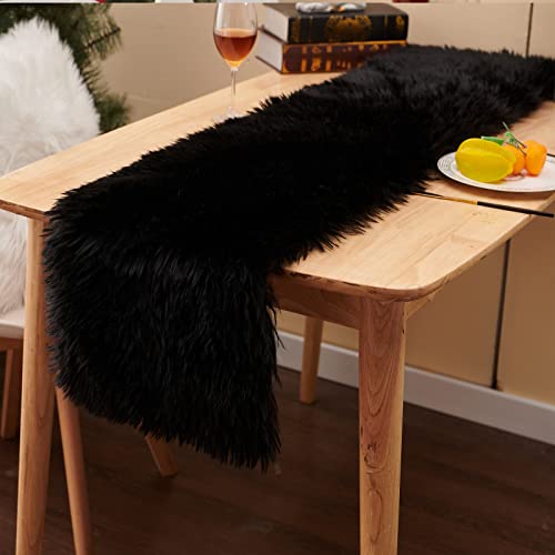 Faux Fur Table Runner 11.8x59.1 Inch Black Furry Dresser Cover Decor