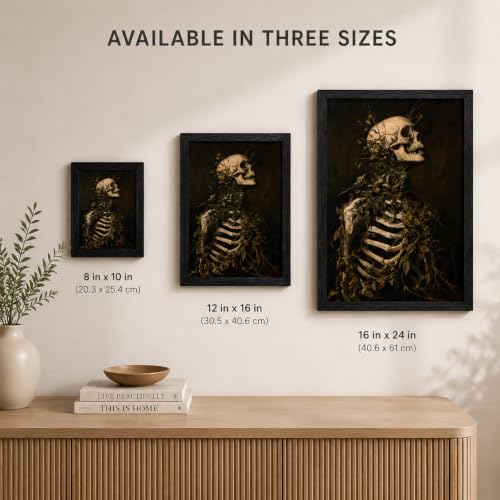 Framed Gothic Skeleton Wall Art - Dark Academia Halloween Home Decor 16x12in - Skeleton Print