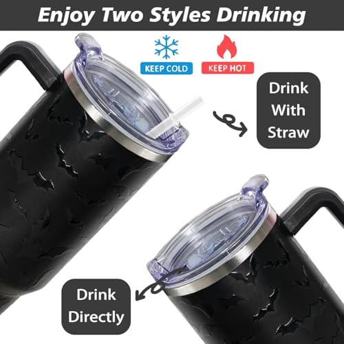 Halloween Bat 40oz Insulated Tumbler with Handle, Lid & Straw - Black Coffee Cup Gift