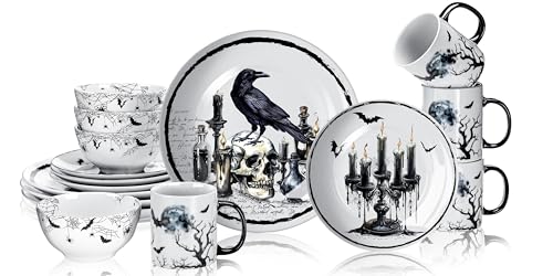 Halloween Gothic Dinnerware Set - Ceramic 16 Pcs Serve 4 Guests - Pickmesh