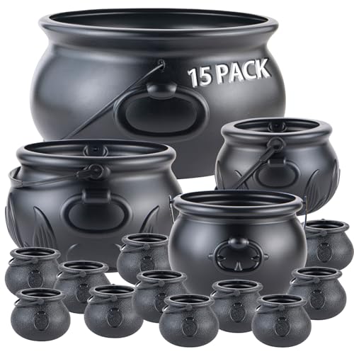 15 Pack Black Plastic Cauldrons for Halloween Party Decorations and Candy Holders
