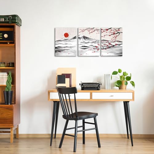 Japanese Cherry Blossom Mount Fuji Canvas Wall Art Set - 12x16 Inches, 3 Pieces