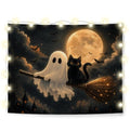 Halloween Ghost Black Cat Tapestry - Night Sky Wall Decor 50x60 - Moonlit Broom Ghost Cat Variant