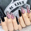 Pink Butterfly Rhinestone Press On Nails - Coffin Style, 24 Pieces, Black & Pink Variations